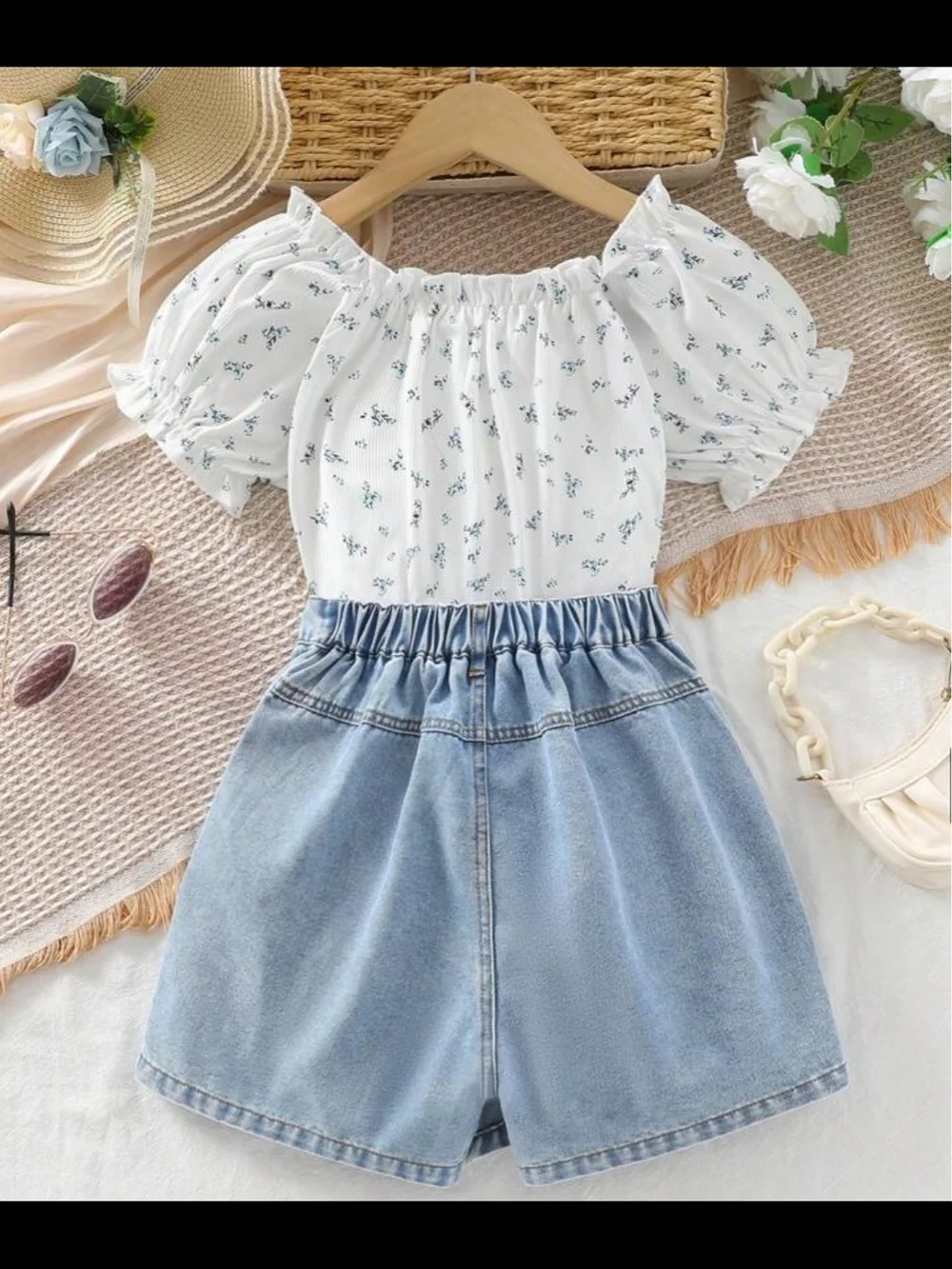 White Floral Puff-Sleeve Top & Light Blue Denim Skirt Kids Matching Set
